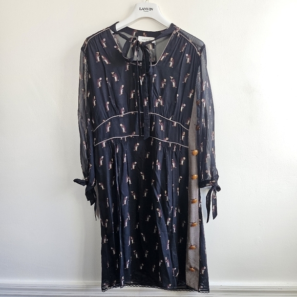 New Coach 1941 Penguin Print Tie Neck Knee Length Black Dress NWT Size 6 US - Picture 11 of 14